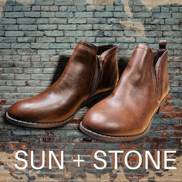 Sun + Stone Boots Womens 8M Brown Cadee Ankle Booties Zip Almond Toe Leather - Picture 1 of 11